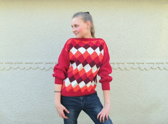 Vintage Hand-Knitted Woolen Sweater: Raspberry Rh… - image 3