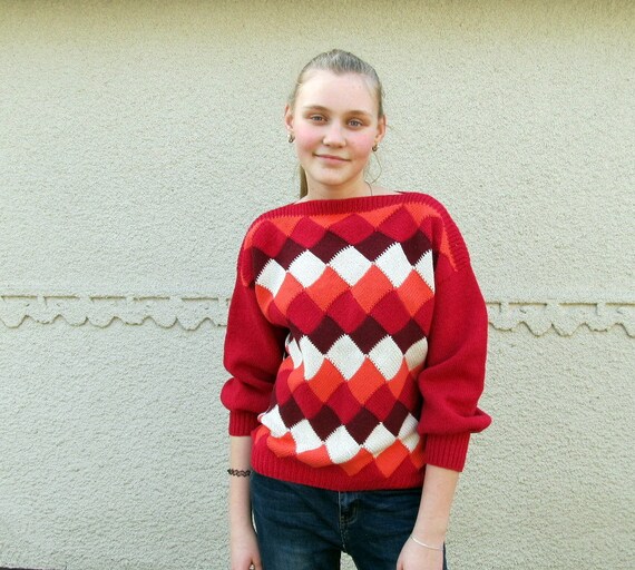 Vintage Hand-Knitted Woolen Sweater: Raspberry Rh… - image 1