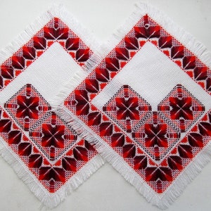 Set of doilies, hand embroidered napkin, red burgundy doilies, traditional Ukrainian embroidery, handmade doily set, satin stitch embroidery
