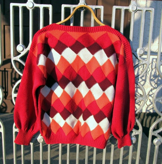 Vintage Hand-Knitted Woolen Sweater: Raspberry Rh… - image 5