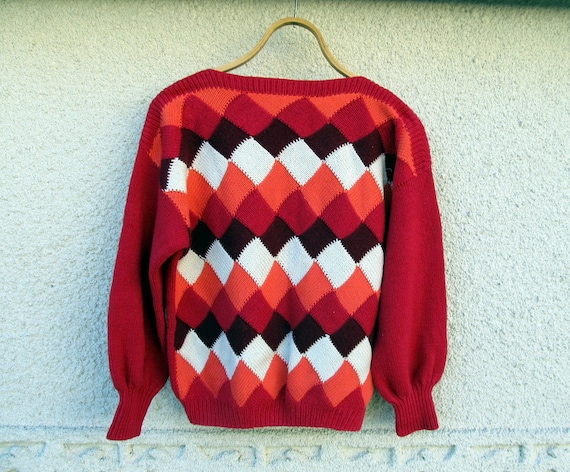 Vintage Hand-Knitted Woolen Sweater: Raspberry Rh… - image 2
