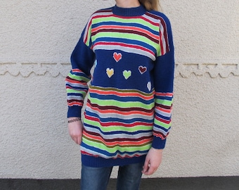 Vestido de suéter de lana tejido a mano: Túnica de corazones a rayas