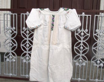 Vintage Ukrainian Hemp Dress, Homespun Embroidered Folk Gown