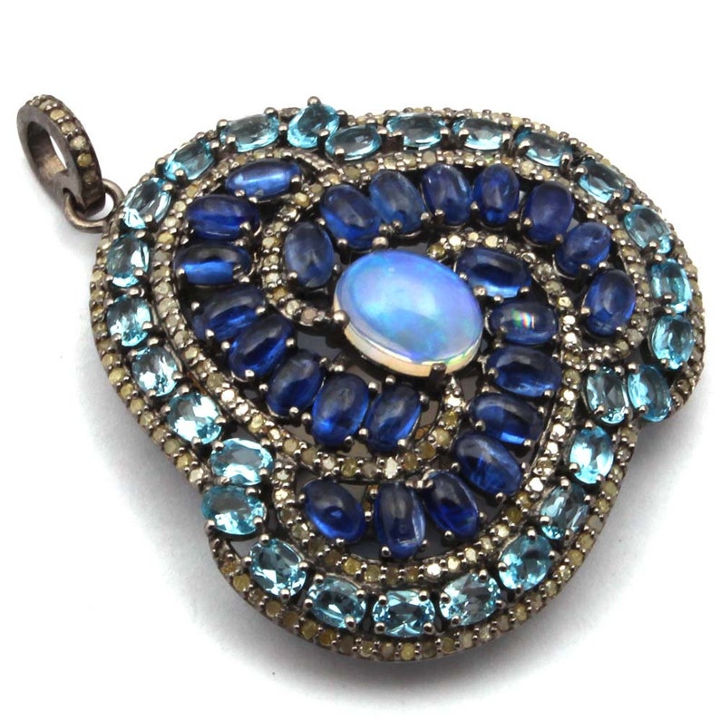 925 Sterling Silver Opal Pave Pendant Blue Topaz /& Diamond Pendant Pave Diamond Pendant Kynite Diamond Pendant