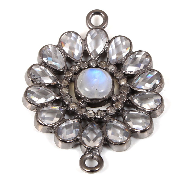 Pave Diamond Connector Moon Stone Connector Charm 92.5 Sterling Silver 29x29 mm Diamond Moon Stone White Topaz Charm Flower Connector