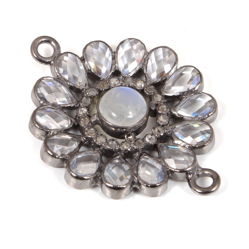 Pave Diamond Connector Moon Stone Connector Charm 92.5 Sterling Silver 29x29 mm Diamond Moon Stone White Topaz Charm Flower Connector