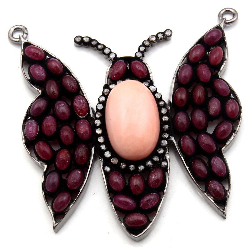 925 Sterling Silver Ruby BEAUTIFUL Butterfly Pave Pendant Antique PAVE Pendants Two Loop Pink Coral /& Diamond Pave Pendant