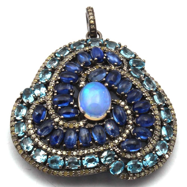 925 Sterling Silver Opal Pave Pendant Blue Topaz /& Diamond Pendant Pave Diamond Pendant Kynite Diamond Pendant