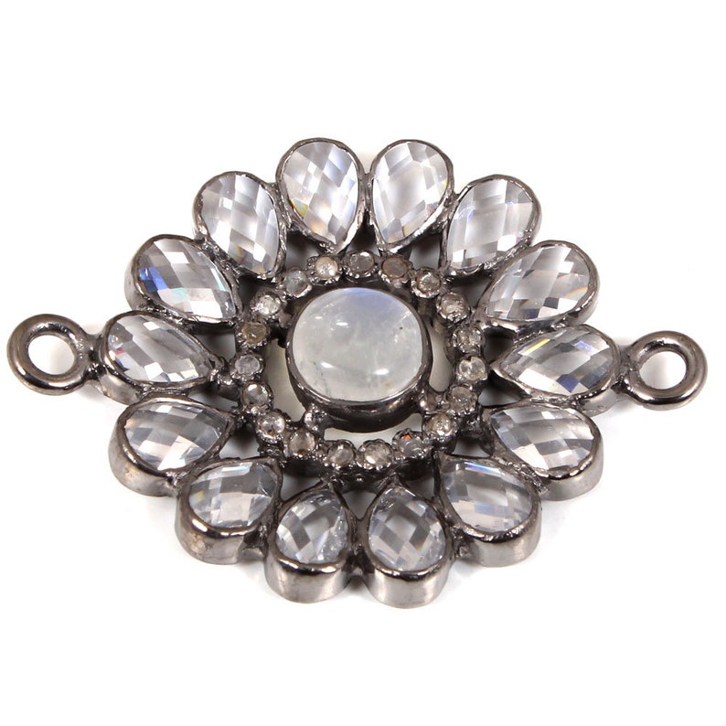 Pave Diamond Connector Moon Stone Connector Charm 92.5 Sterling Silver 29x29 mm Diamond Moon Stone White Topaz Charm Flower Connector