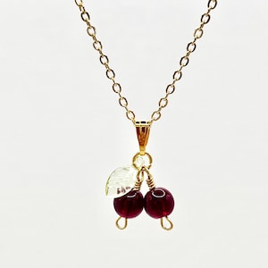 Cherry Necklace | Gold | Beaded | Dainty | Fruit | Pendant | Wire Wrapped