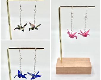 Silver Origami Crane Earrings | Handmade | Real Japanese Washi Paper | Dangly | Silver | Resin Coated