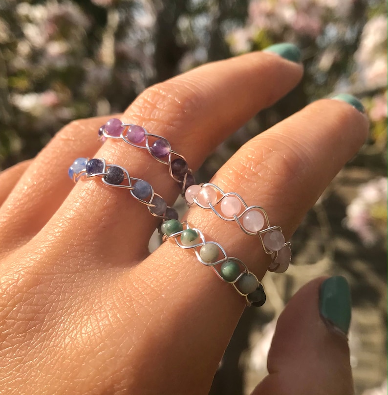 Crystal/Gemstone Ring | Wire Wrapped | Handmade | Jade | Amethyst | Rose Quartz | Blue Aventurine | Natural | Raw | Healing | Braided 