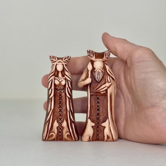 Handmade Clay Freya and Odin Statues, Norse Pagan Altar Set