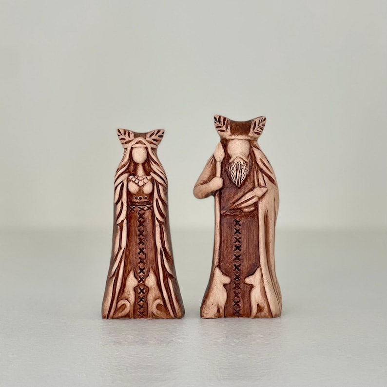 Handgemachte Ton Freya und Odin Statuen, Nordische Pagan Altar Set Bild 2