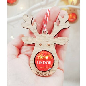 Personalised Reindeer Christmas Decorations, Lindt, bauble, Christmas table, personalised, chocolate, wooden, engraved, family, friends, image 5