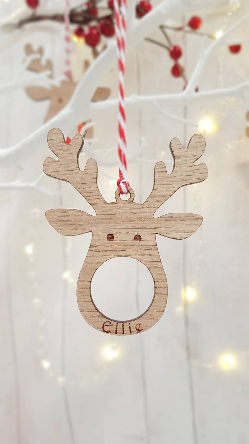 Personalised Reindeer Christmas Decorations, Lindt, bauble, Christmas table, personalised, chocolate, wooden, engraved, family, friends, image 7