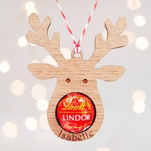 Personalised Reindeer Christmas Decorations, Lindt, bauble, Christmas table, personalised, chocolate, wooden, engraved, family, friends,