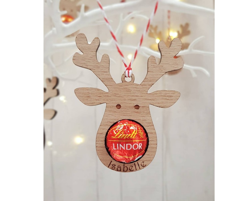 Personalised Reindeer Christmas Decorations, Lindt, bauble, Christmas table, personalised, chocolate, wooden, engraved, family, friends, image 4