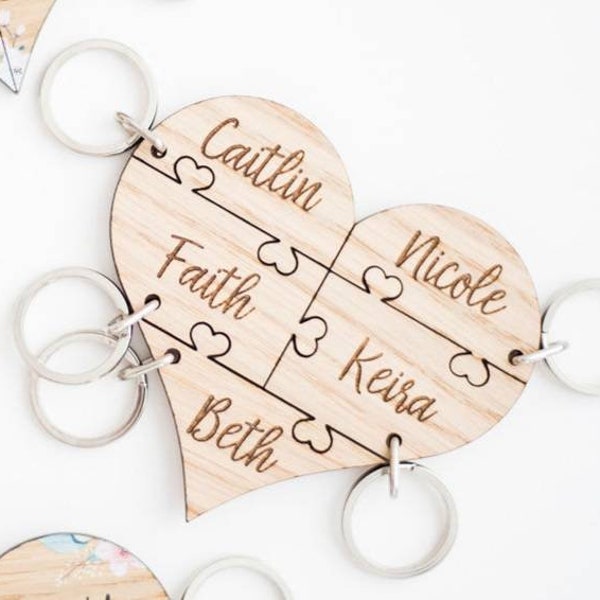 Heart Name Jigsaw Puzzle Key Ring 3-16 pieces, Best Friends, Family, Hen Do, Bridal Party, funeral, keepsake, personalised, wooden, engraved