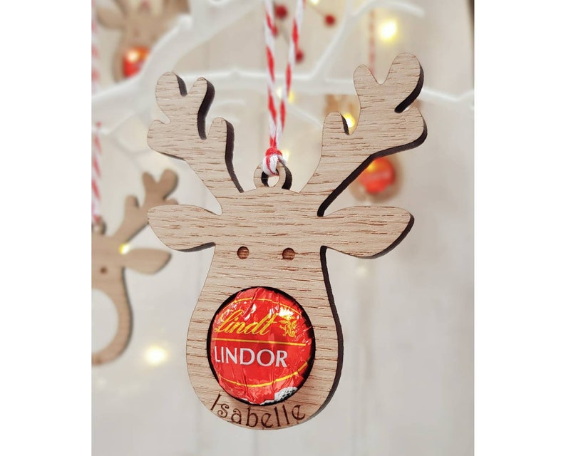 Personalised Reindeer Christmas Decorations, Lindt, bauble, Christmas table, personalised, chocolate, wooden, engraved, family, friends, image 6