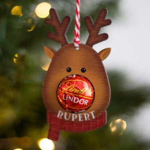 Pack of 5 Personalised Reindeer Christmas Decorations, tree decoration, personalised, chocolate holder, cute decs, decor, family, kids,