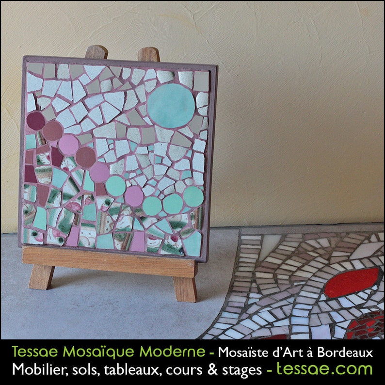 abstract long-lasting Tessae Mosa\u00efque Moderne green handmade in France ceramic wall decoration original Mosaic picture pink /& beige