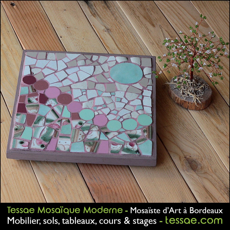 abstract long-lasting Tessae Mosa\u00efque Moderne green handmade in France ceramic wall decoration original Mosaic picture pink /& beige
