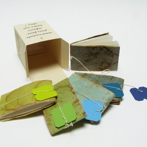 Può includere: Cinque piccoli libri fatti a mano con copertine di carta verde e blu e etichette. I libri sono legati insieme con uno spago e si trovano in una scatola con il testo "5 Corners" e "Nature's Love" sul lato.