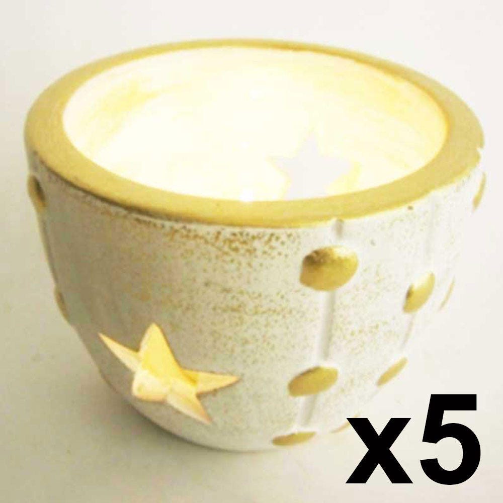 5 Photophores Blancs et Dorés Forme Étoile