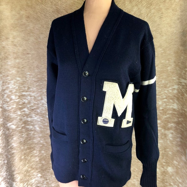 1960s Womens Cheerleader Sweater Letterman Sweater Wool Boucle "M" Basketball Cheerleading Wool Cardigan Varsity