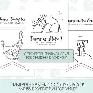 Puede incluir: Un libro para colorear de Pascua imprimible con un plan de lectura b&iacute;blica para familias. El libro presenta ilustraciones en blanco y negro de los disc&iacute;pulos de Jes&uacute;s, Jes&uacute;s est&aacute; vivo y Jes&uacute;s en la cruz. El libro est&aacute; dise&ntilde;ado para iglesias y escuelas.