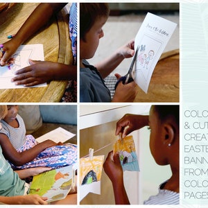 Puede incluir: Los ni&ntilde;os colorean y recortan p&aacute;ginas de pancarta de Pascua con ilustraciones de Jes&uacute;s y los ni&ntilde;os. La pancarta est&aacute; colgada con pinzas para la ropa.