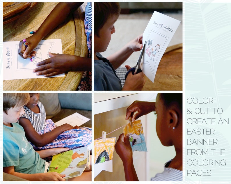 Puede incluir: Los ni&ntilde;os colorean y recortan p&aacute;ginas de pancarta de Pascua con ilustraciones de Jes&uacute;s y los ni&ntilde;os. La pancarta est&aacute; colgada con pinzas para la ropa.