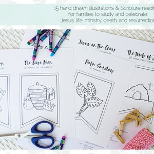 Puede incluir: Un conjunto de pancartas imprimibles en blanco y negro con ilustraciones y lecturas b&iacute;blicas para que las familias estudien y celebren la vida, el ministerio, la muerte y la resurrecci&oacute;n de Jes&uacute;s. Las pancartas incluyen ilustraciones del nacimiento de Jes&uacute;s, los magos, el Domingo de Ramos, Jes&uacute;s en la cruz y la tumba de Jes&uacute;s.