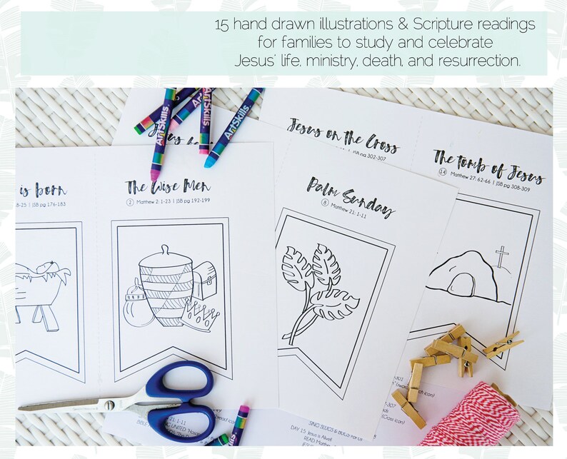 Puede incluir: Un conjunto de pancartas imprimibles en blanco y negro con ilustraciones y lecturas b&iacute;blicas para que las familias estudien y celebren la vida, el ministerio, la muerte y la resurrecci&oacute;n de Jes&uacute;s. Las pancartas incluyen ilustraciones del nacimiento de Jes&uacute;s, los magos, el Domingo de Ramos, Jes&uacute;s en la cruz y la tumba de Jes&uacute;s.