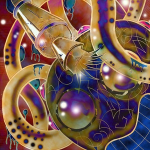 May include: Abstract digital art featuring a gold and blue design with a spray paint can. The design is reminiscent of a swirling, organic shape with a metallic sheen.