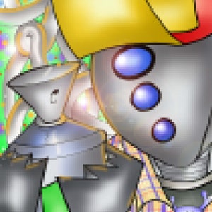May include: A robot wearing a red and yellow hat, with blue eyes and a plaid shirt. The robot is holding a silver object in its hand.