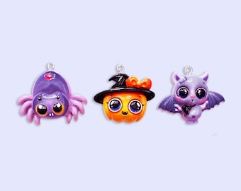 2, 3 or 10pc Cutie Patootie Halloween Charms - Kawaii Resin Bat, Pumpkin, Black Widow Spider
