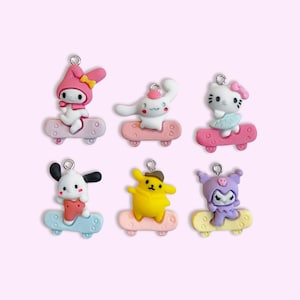 2pc, 6pc or 10pc Skateboard Kawaii Cartoon Character Charms -Skateboarding Charms -Rabbit Skateboarder Charm -Pink Skateboard Charm