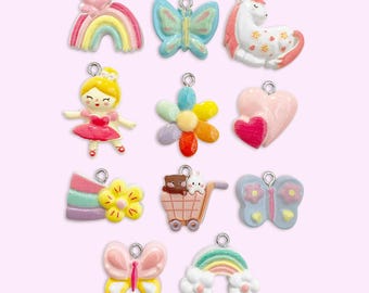2, 7 or 10pc Rainbow Fairy Tale Princess Charm Set for Little Girls Jewelry