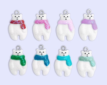 Glitter Polar Bear Charms (2pc 10pc All 8) • Kawaii Arctic Animal Pendant • Whimsical Cozy Scarf Resin Craft Supplies Jewelry Making DIY