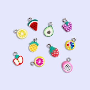 May include: Assortment of colorful fruit charms, including a watermelon slice, avocado, grapes, pineapple, strawberry, lemon, grapefruit, and dragon fruit. The charms are made of polymer clay and have a glossy finish.