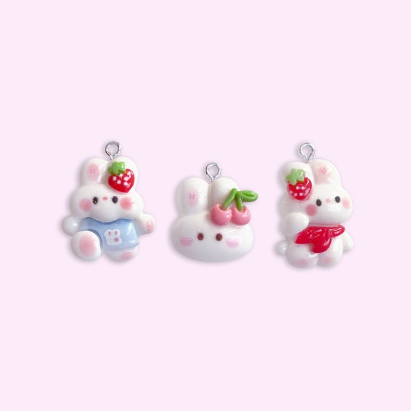 2pc, 3pc or 10pc White Berry Bunny Charms -Strawberry Charm -Easter Bunny Charm -Kawaii Charm -Springtime Charm - Cherry Charm -Rabbit Charm
