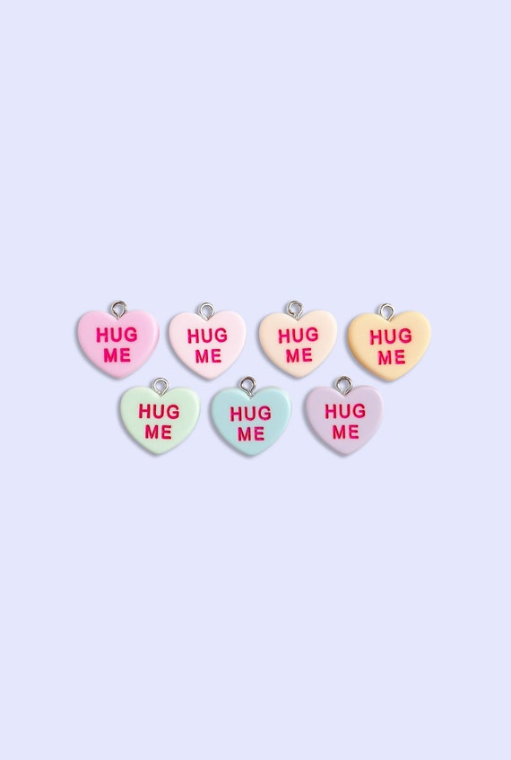 Valentines Hug Me Candy Heart Charm 2pc, 7pc, 10pc - Pastel Resin Sweetheart Charm