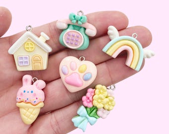 Kids Pastel Toy Charms (2pc 10pc All 6) • Cute Play House Phone Pendant • Kawaii Rainbow Bunny Ice Cream Resin School Craft Supplies DIY