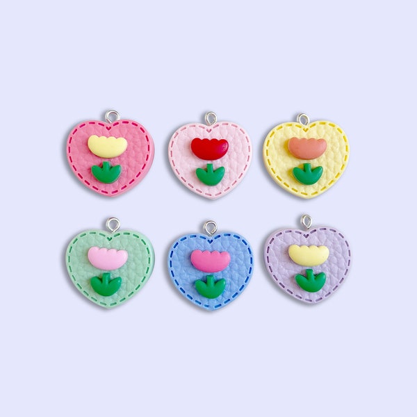 C -2pc, 6pc or 10pc Heart Spring Flower Charms -Tulip Charm -Easter Charm -Heart Charm -Spring Charm -Pastel Spring Charm -Charm Bracelet