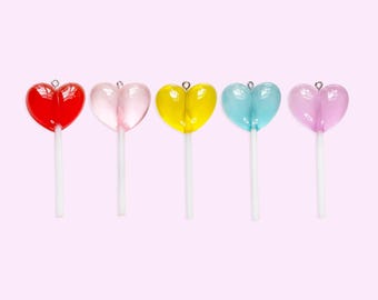 Heart Lollipop Pendants (2pc 10pc All 5) • Rainbow Candy Sucker Focal • Kidcore Sweet Treat Decora Aesthetic Kawaii Resin Craft Supplies DIY