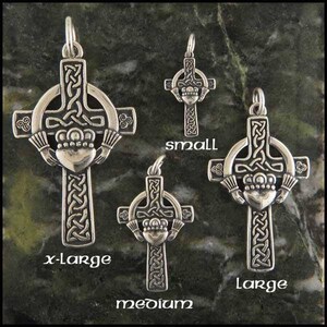May include: Four silver Celtic cross pendants with a heart design in the center. The pendants are shown in different sizes: x-large, large, medium, and small. The text "x-large", "large", "medium", and "small" is written below each pendant.