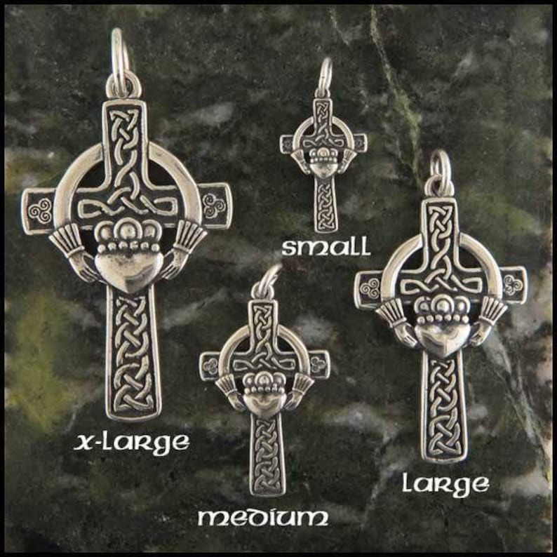 May include: Four silver Celtic cross pendants with a heart design in the center. The pendants are shown in different sizes: x-large, large, medium, and small. The text "x-large", "large", "medium", and "small" is written below each pendant.