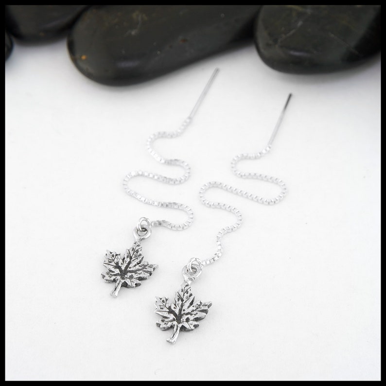 Small Maple Leaf Drop or Threader Earrings image 2
